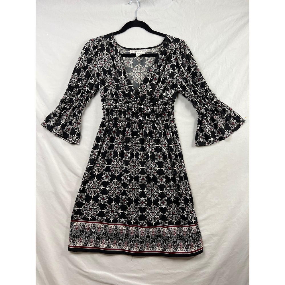 Max Studio Dress Womens Medium Black Medallion Smocked Empire Bell Sleeve